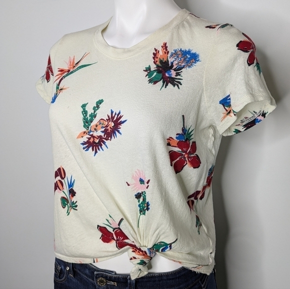 ✨3/$15 Madewell white red pink floral cotton side tie tshirt S - Picture 2 of 10